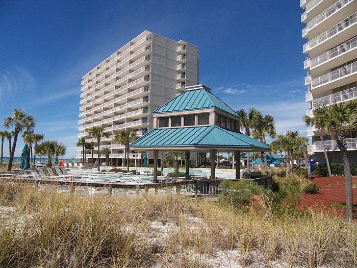 Buildings with pool and blue viewing shed in resort-style area