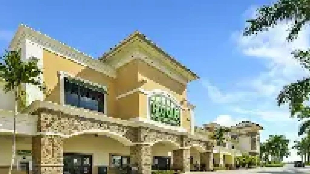 Exterior view of Fresh Market grocery store with palm trees and clear blue sky