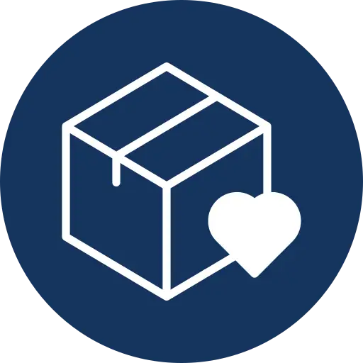 Product box icon with a heart symbol, representing care, quality packaging, and customer satisfaction